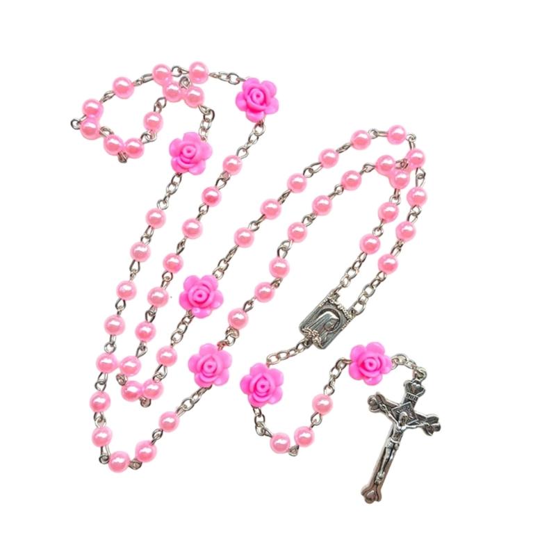 Elegant Rosary Beads Necklace With Glass Pearls and Crucifix Pendant for Prayer and Fashion