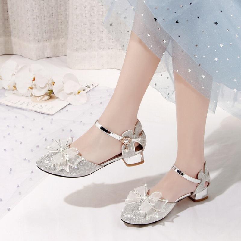 Summer children's sandals women's new middle-aged and older children's sandals student bow high-heeled princess shoes buckle girls' sandals
