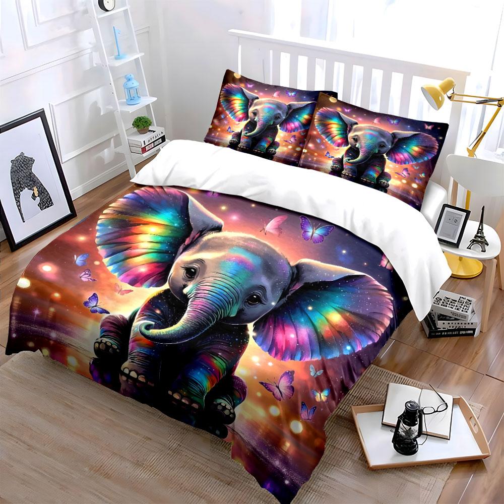 Colorful elephant with dreamy butterflies Print Bedding Set 1 Duvet Cover 2 Pillowcases for Adult and Children Luxury Gift