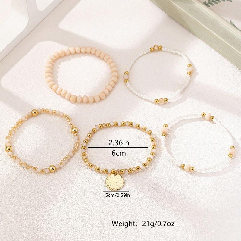 5pcs Bohemian Elegant Woven Elastic Glass Beaded Bracelets Set For Women (Handmade Beads Count, Size, And Placement Are Random)