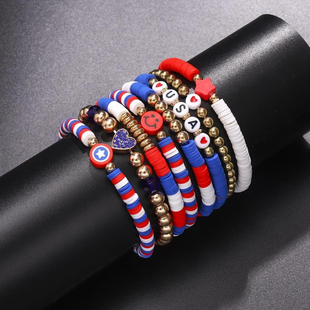 American Independence Day Women's July 4th USA8 Soft Pottery Stackable Set Jewelry Bracelet Bracelet