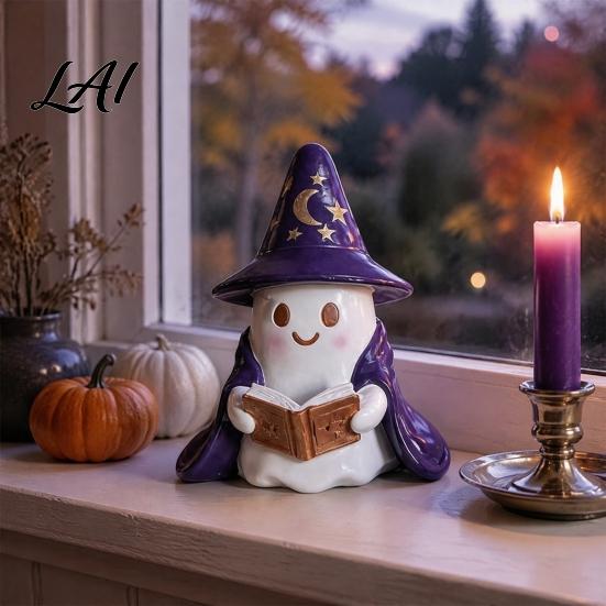Whimsical Ghost Sculpture Lighted Figurine Resin Wizard Statue with LED Light Cute Indoor Halloween Accessories Reading Book Night Light for