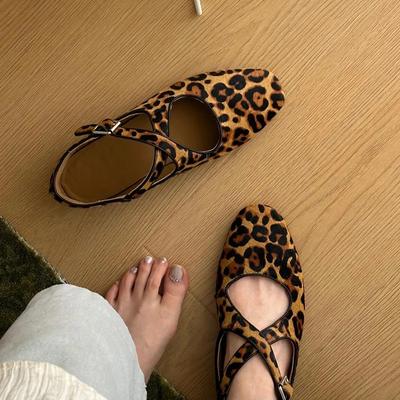 Sheepskin Niche Leopard Print Horse Hair Soft Surface Ballet Grandma Mary Jane Shoes Shallow Mouth Single Shoes Women's Flat Bottom