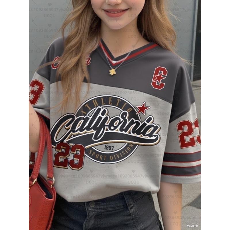 Girls Casual Sports Style California Print Short Sleeve V-Neck Women's Children Men's T-shirt Tops