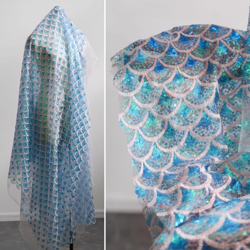 Shiny Sequin Fabric Mermaid Tail Embroidered Dreamy Color Net for Diy Sewing Dress Clothing Material 50x135cm