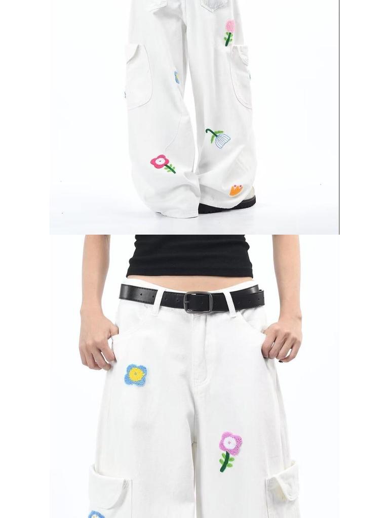 Burgundy Floral Embroidery Retro Cargo Pants - Unisex Loose Fit Denim with Wide Legs for Autumn