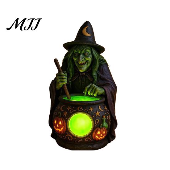 Accesorio de Decoración para Dormitorio Lámpara de Caldero de Bruja de Halloween con Brillo Verde Misterioso Luz LED para Paisaje Adorno Único Grabado Olla de Pociones Espeluznante para Sala de Estar