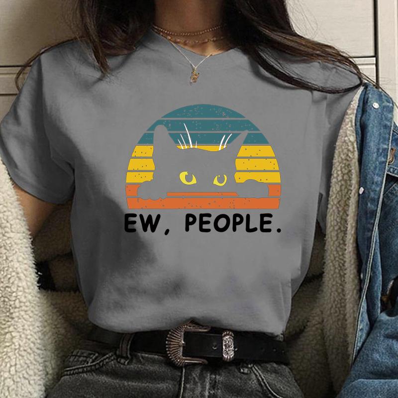 Funny Black Cat Pattern Printed T-Shirt Women's Personalized Black Cat T-Shirt Summer Breathable Women's T-Shirt Tops