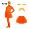 Halloween Cosplay Overall Orange Ganzkörperanzug, mit Tüllrock, Fake-Bauch, Gelbem Schnurrbart & Augenbrauen, Versteckter Reißverschluss Outfits Offenes Gesicht Zentai