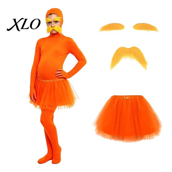 Halloween Cosplay Overall Orange Ganzkörperanzug, mit Tüllrock, Fake-Bauch, Gelbem Schnurrbart & Augenbrauen, Versteckter Reißverschluss Outfits Offenes Gesicht Zentai
