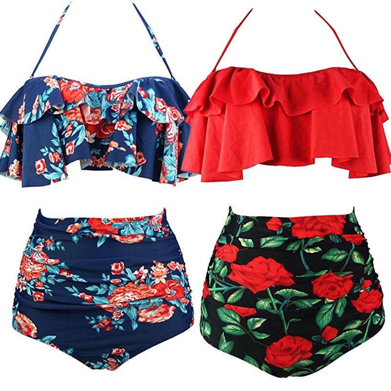 Damen Blumen High Waist Bikini Set Stilvolle Bademode Gepolstert Übergröße Badeanzug