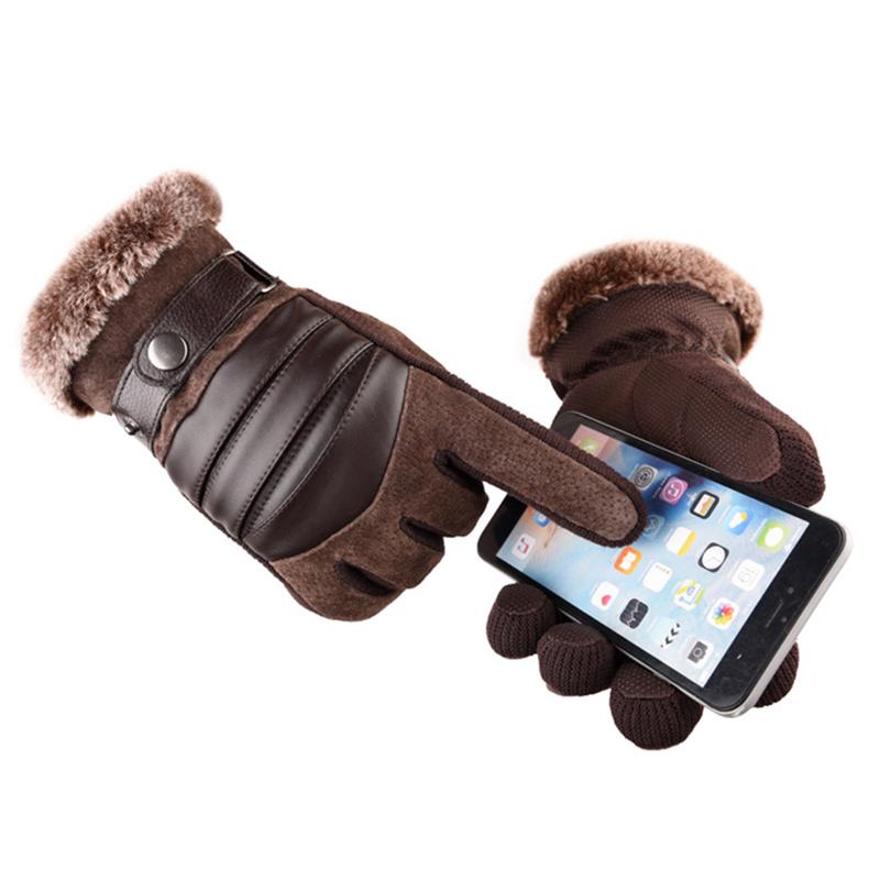 Brown Mens Leather Gloves Real Pigskin  Winter Gloves Warm Thick Driving Skiing Men's Gloves