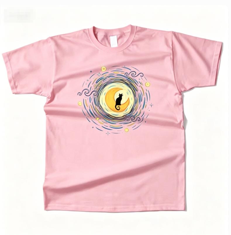 Unisexs Cotton Starry Moon Cat Graphic High Quality T Shirt Street Casual Style Tee for Unisex and WoUnisex Moisture Wicking Breathable