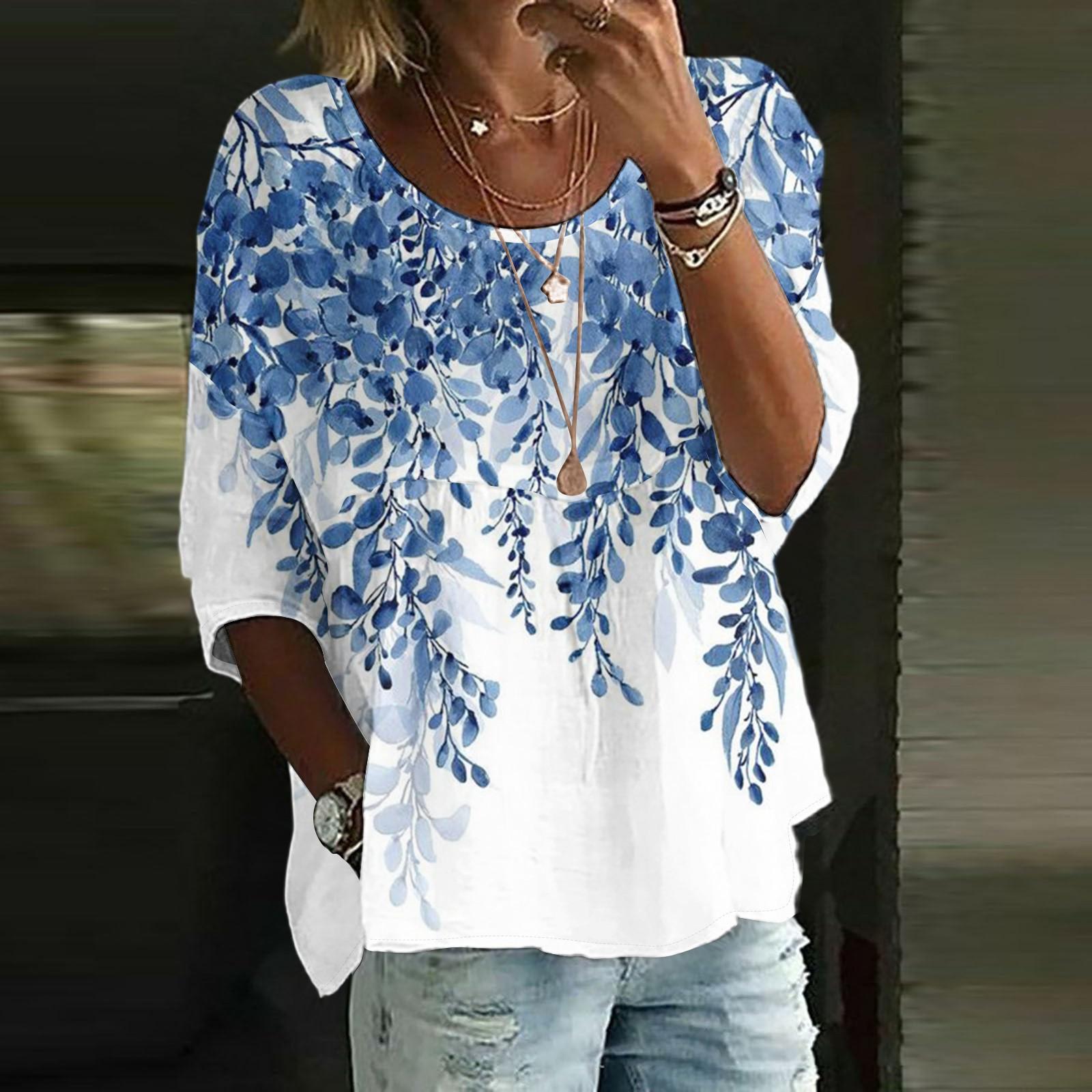 

Льняные рубашки для женщин с рукавом 3/4 на пуговицах с круглым вырезом летние топы нарядные повседневные милые рубашки XL синий