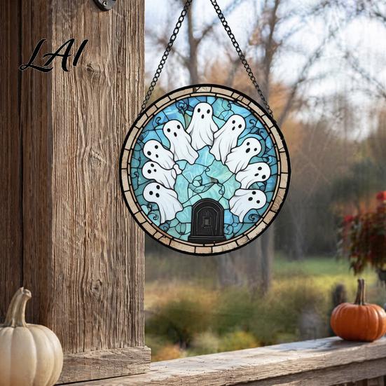 Creative Halloween Souvenirs Stained Glass Suncatcher Ornament Vintage Hanging Window Decor with Pumpkin Ghost Bat Witch Decorations Hat Pattern,