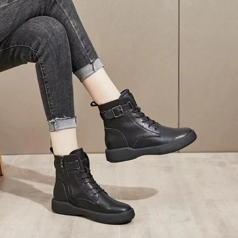 Damen Schnürstiefeletten Britischer Stil Runde Spitze Dicke Sohle Schuhe Gürtelschnalle Seitlicher Reißverschluss Lederstiefel Botas Para Mujeres