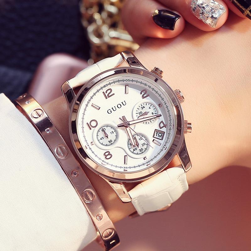 Genuine Leather Watch Casual Retro Fashion Three Eyes with Calendar Large Dial Fashion Women's Watch