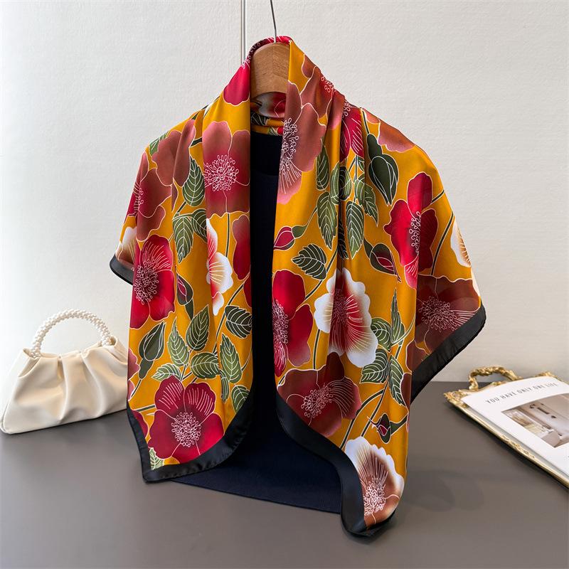 

Flower Simulation Silk High-End Printing Large Square Scarf Silk Scarf Shawl Headscarf Neck Protection Scarf Decorative Women S Scarf 90*90cm
