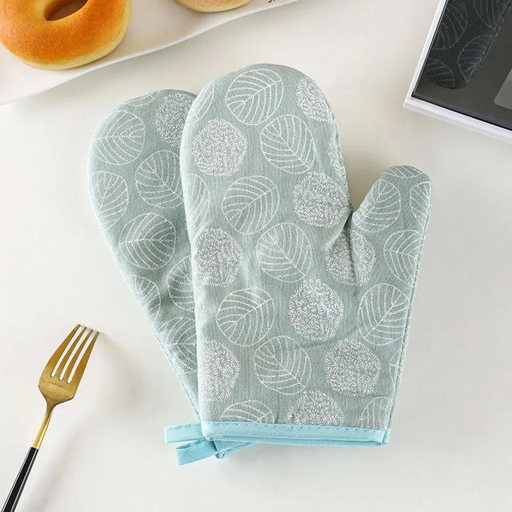 Oven Gloves 2Pcs Thick Heat Resistant Gloves Microwave Oven Gloves Anti-Scalding Printed Gloves Kitchen Baking