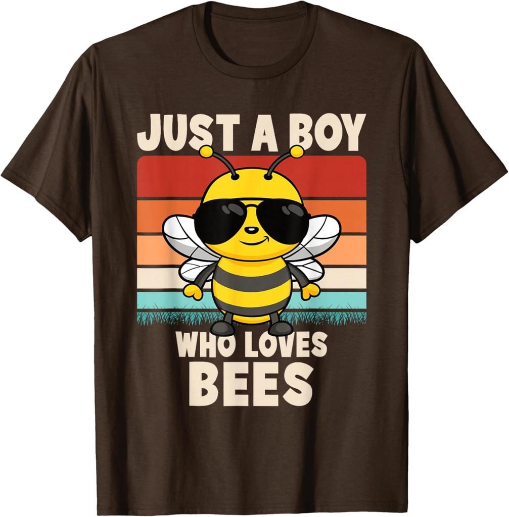 Just A Boy Who Loves Bees Cartoon Graphic Tee Men Casual Breathable Short Sleeve T-Shirt