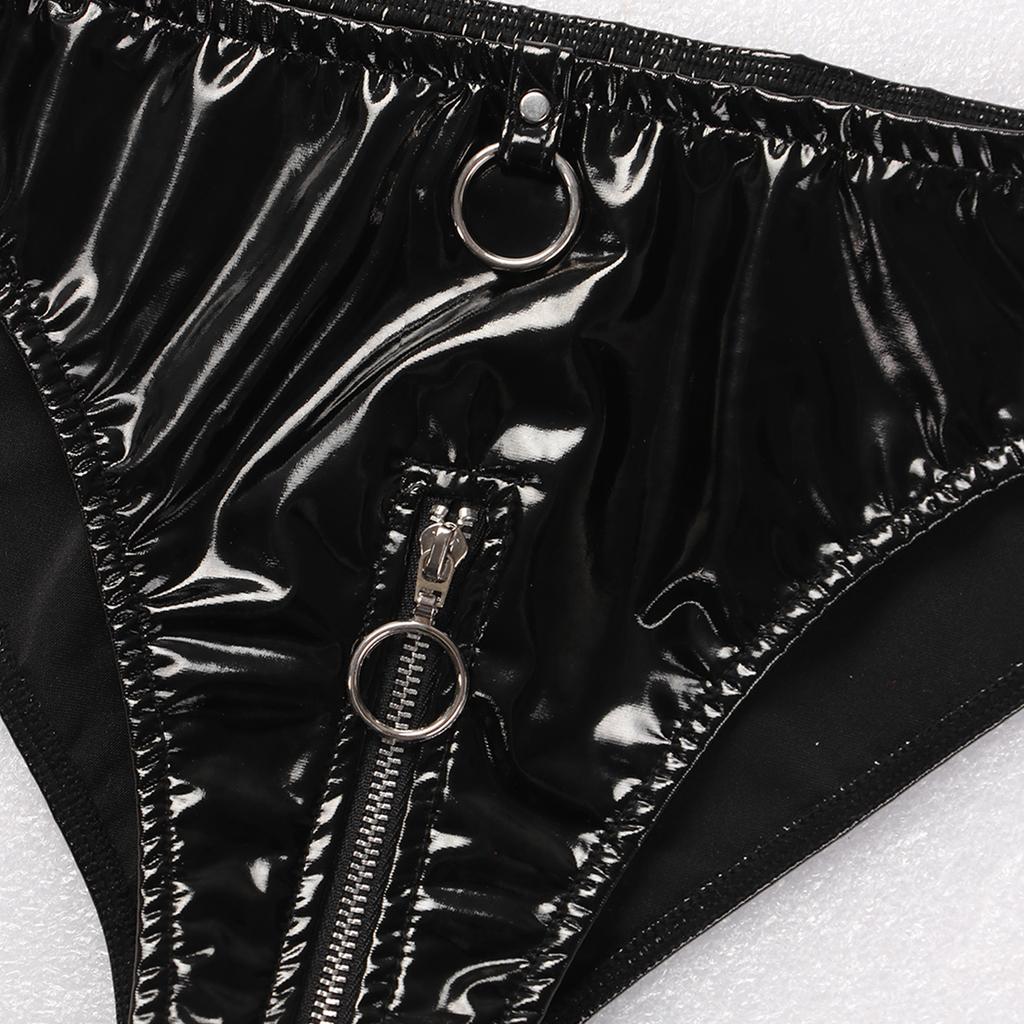 Womens Patent Leather Briefs O-Ring Zipper Crotch Low Waist Stage Costume