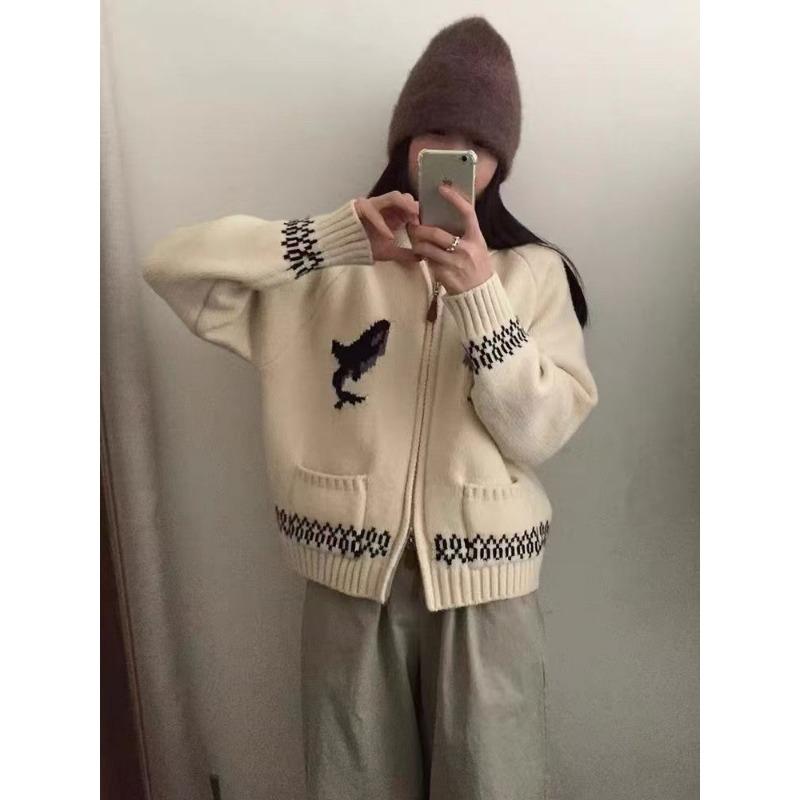 Reißverschluss Revers Jacquard Pulloverjacke Damenbekleidung Herbst und Winter Neu Locker Lässig Gestrickte Cardigan Top