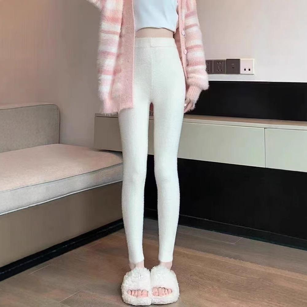 Rosa Nerz Samt Hose Damen Hohe Taille Elastizität Plüsch Freizeit Thermische Leggings Eng Gestrickt Gerade Tragen Außen Hose