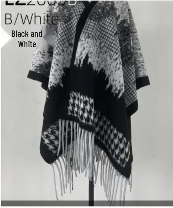 Trendy Imitation Cashmere Houndstooth Plaid Cape Scarf with Tassels for Autumn/Winter