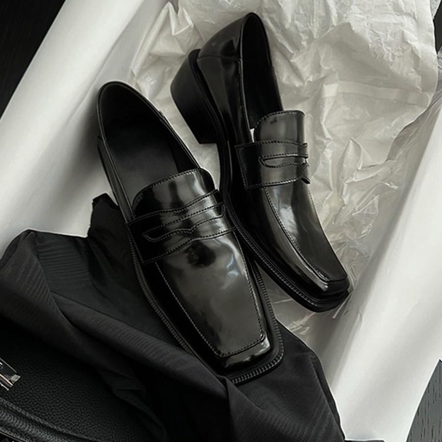 Rindslederversion~ Retro Britische schwarze kleine Lederschuhe mit eckiger Spitze, Damen-Pendler-Slipper mit Temperament, dickem Absatz und Einzeln-Schuhe