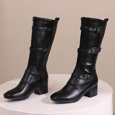 Bottines à talons hauts pour femmes, nouvelles bottes mi-mollet romaines à talon épais avec boucle de ceinture automne/hiver