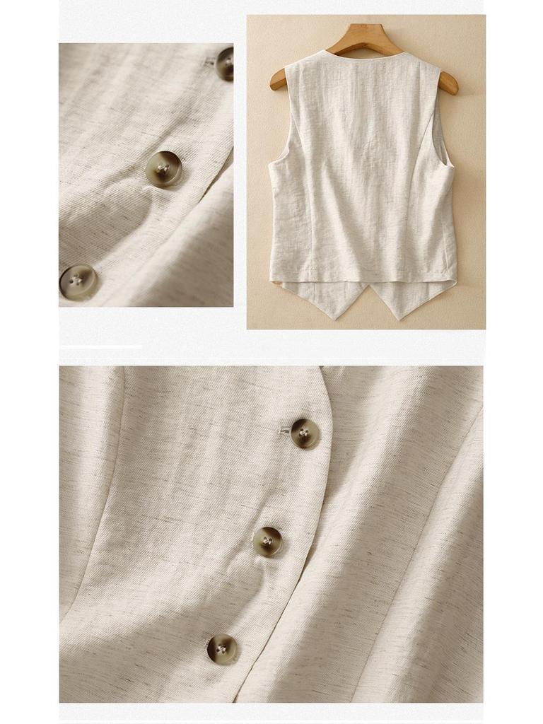 Women's Summer V-Neck Linen Vest - Solid Color, Sleeveless, Slim Fit Tank Top