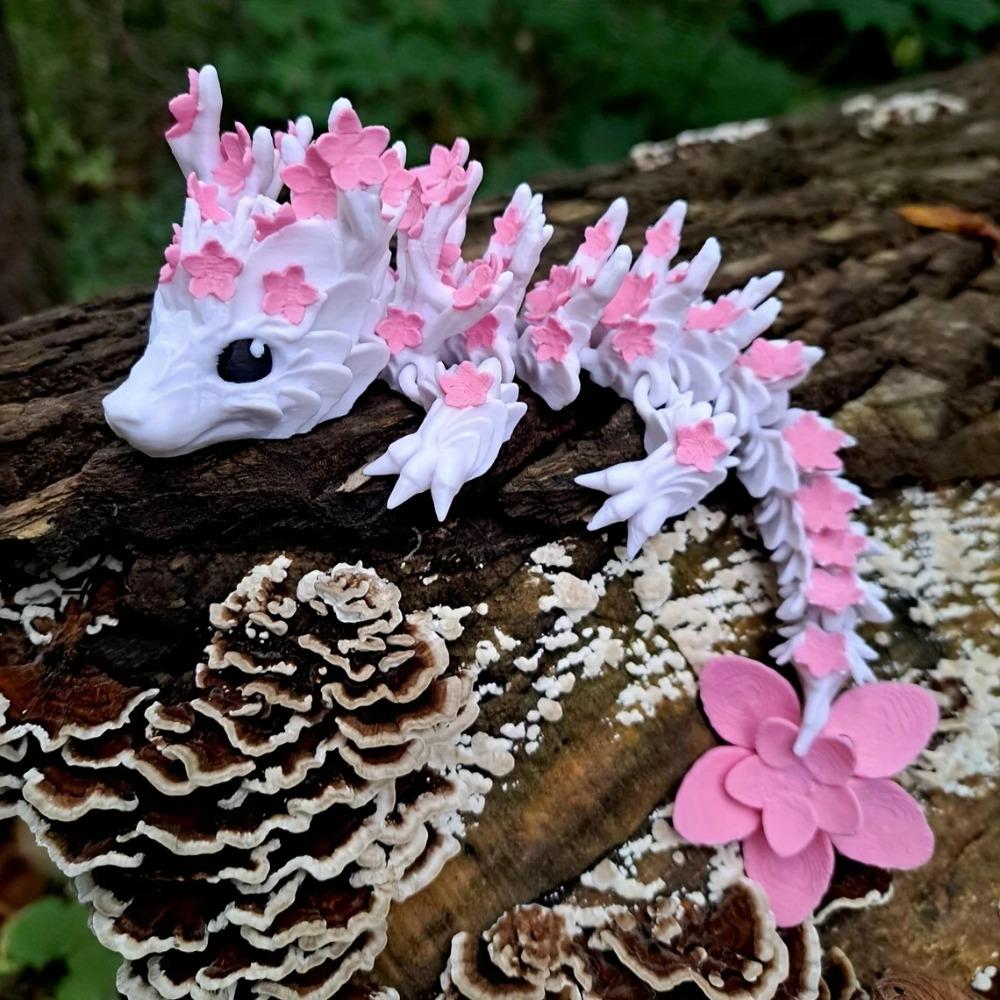 Vibrant 3D Printed Cherry Blossom Dragon Statue - Colorful and Complex Flower Design, Suitable for Christmas and New Year Gifts