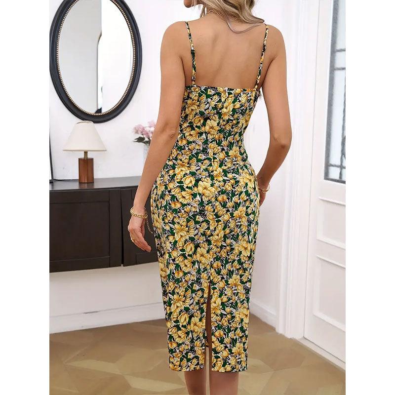Women's Summer Elegant Draped Swing Neck Floral Halter Dress Printed Long Dresses