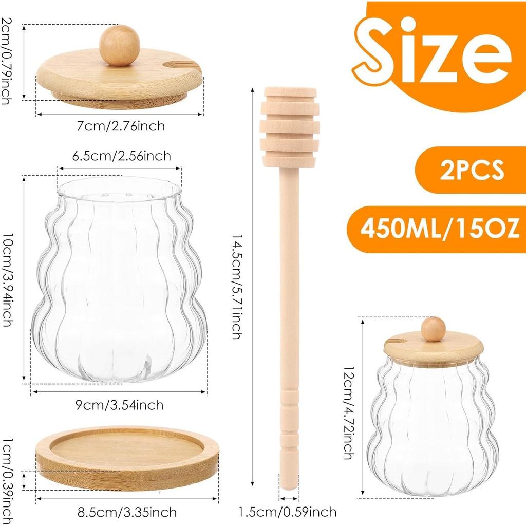 2pcs 15oz Glass Honey Jar with Dipper, Honey Pot with Dipper and Lid Jam Container Set,Wood Base and Lid Syrup Dispenser for Chocolate Syrup
