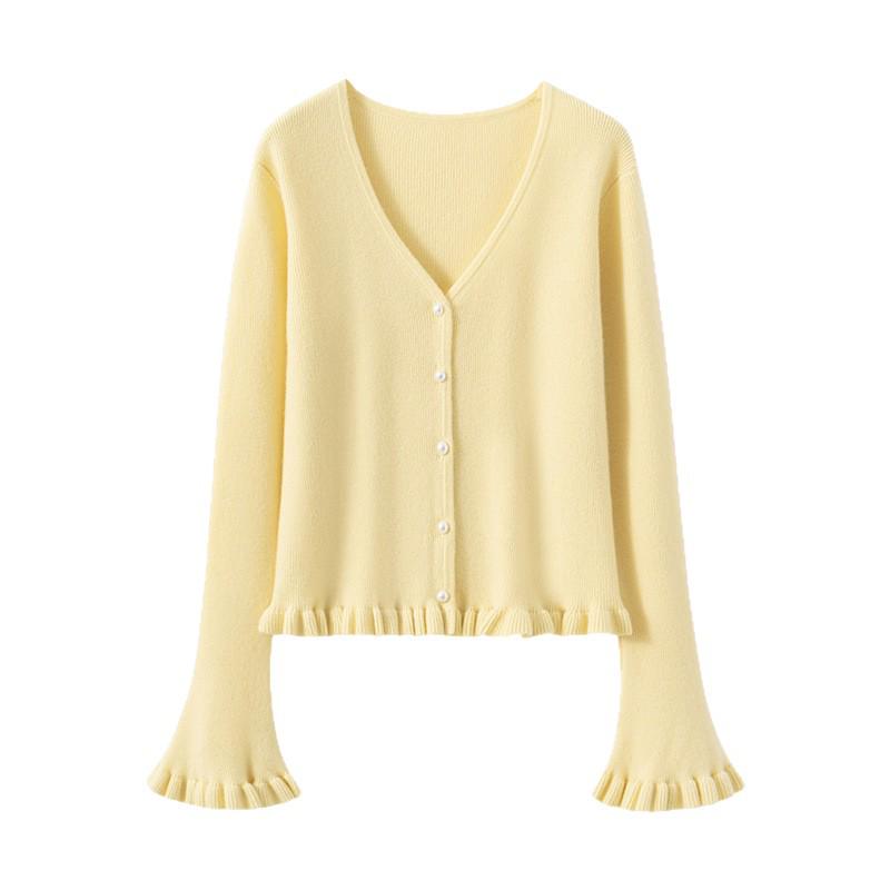 Women's V-neck Ruffle Bell Sleeve Cashmere Cardigan - Soft Knitted Loose Fit Sweater