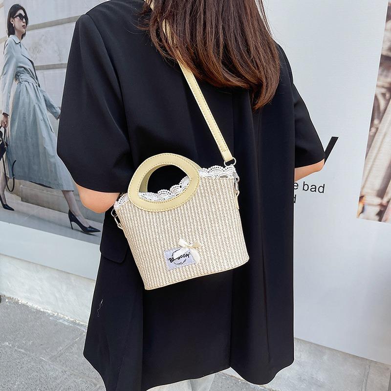 Sweet Bow Portable Bucket Bag New Fashion Literary Lace Edge Contrasting Color Versatile Shoulder Messenger Bag