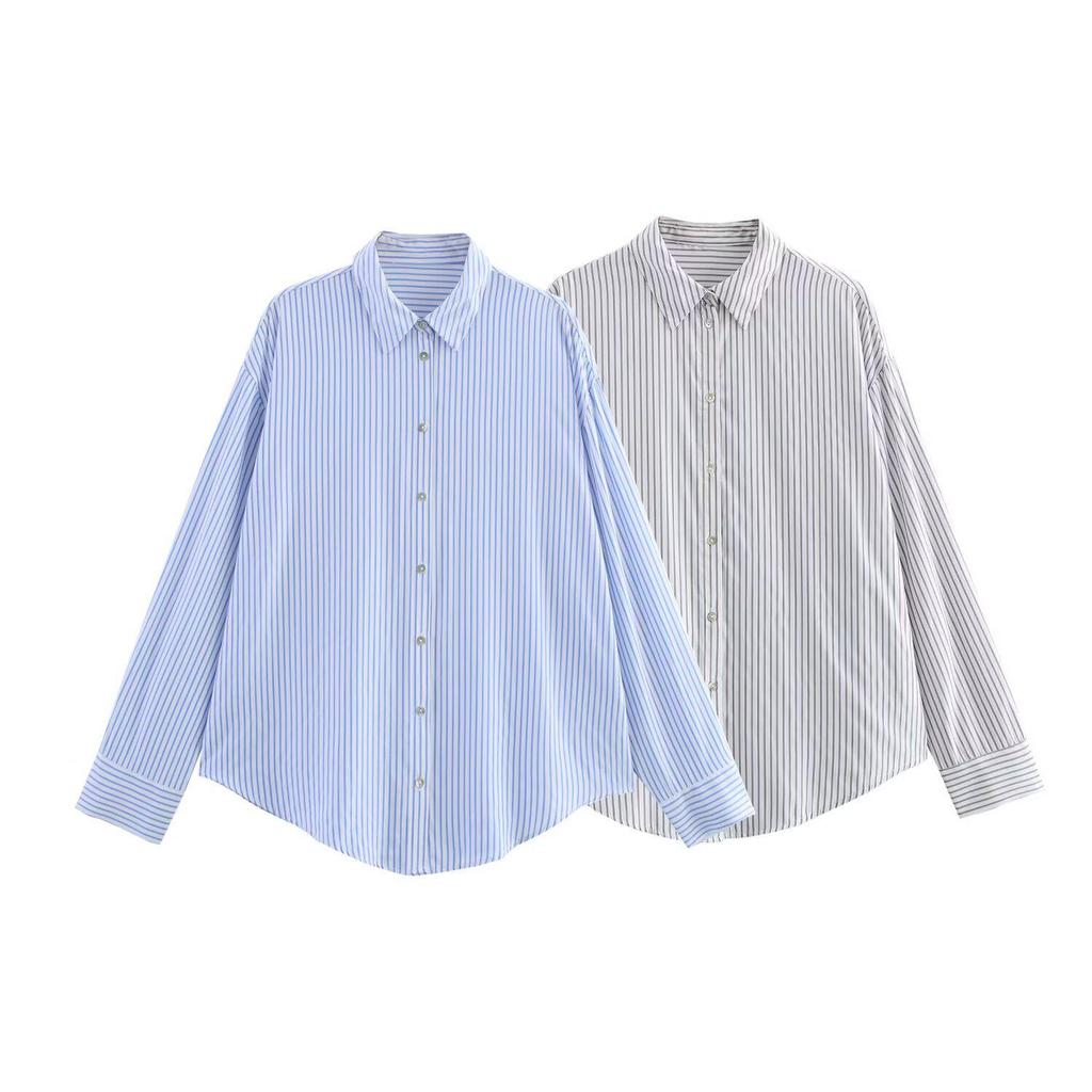 Spring 2025 Women's European & American Style Striped Long Sleeve Casual Shirt with Turn-Down Collar