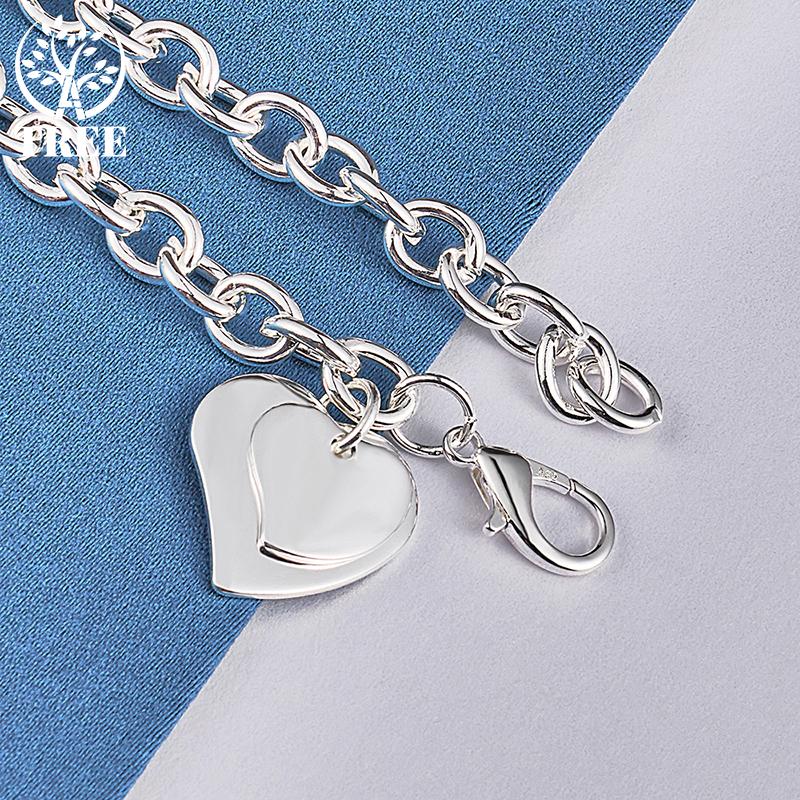 925 Sterling Silver Double Heart Pendant Bracelet Jewelry