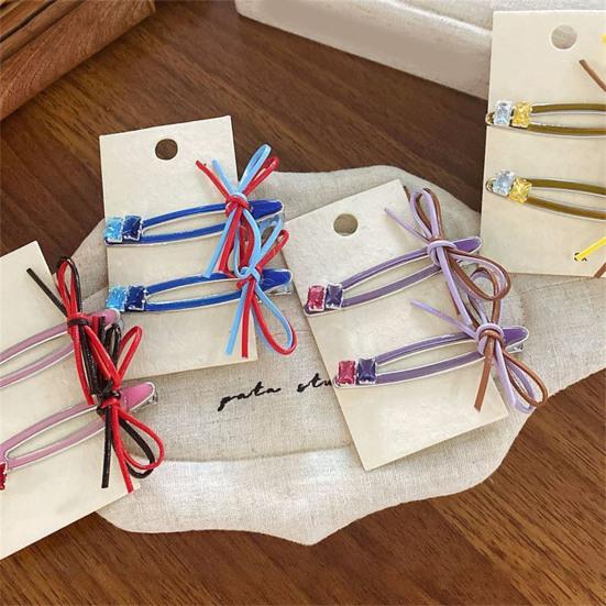 2Pcs Women Hairpins Shiny Rhinestones Patchwork Color Ribbon Bow Stable Grip Hair Clips Versatile Hair Accessories