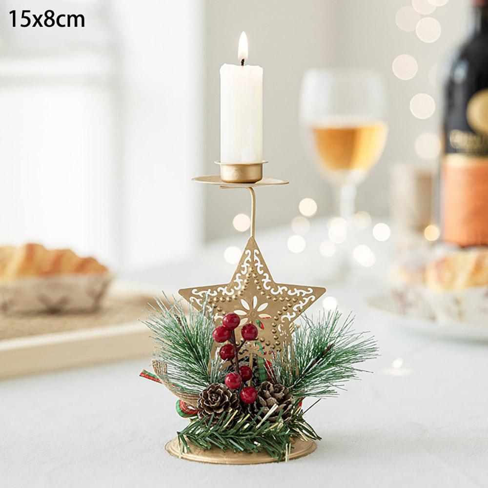 Christmas Candle Holder with Artificial Snowy Pine Needles Iron Candlestick Holiday Table Centerpiece Christmas Home Decorations