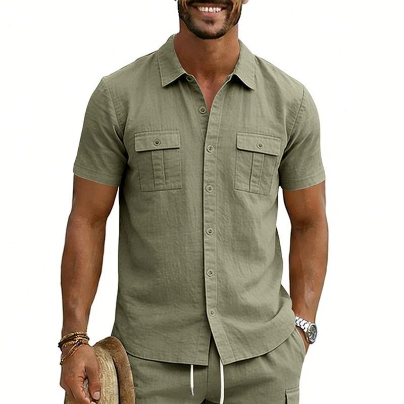 Cotton Linen Shirt Men Pocket Casual Beach Short Sleeve Solid Color Male Tops T-shirts Vintage Streetwear Comfort Casual Shirts