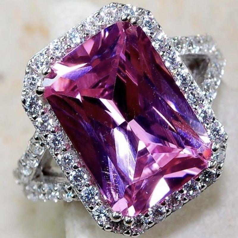 Elegant Pink Sapphire White Topaz Silver Plated Ring With Square Red Corundum