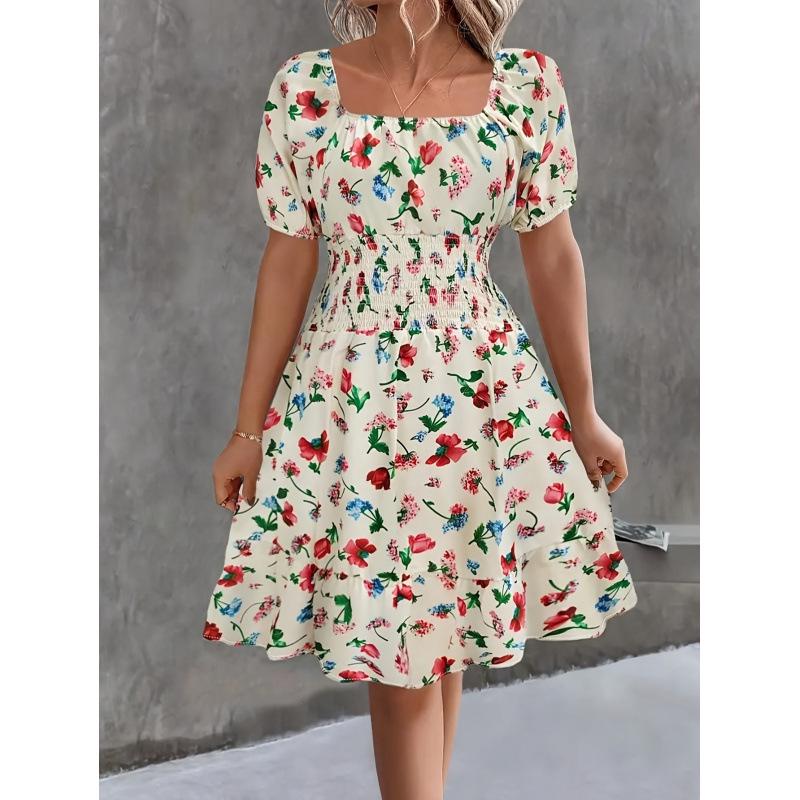 

2025 Spring/Summer European & American Dress: French-Inspired Floral Print Women s Fashion 1XL бежевий