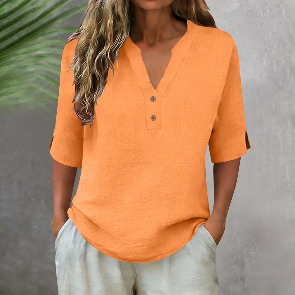 3/4 Sleeve Linen Tops For Women Loose Fit V Neck Button Down Shirts Cute Solid Summer Beach Tee Shirts