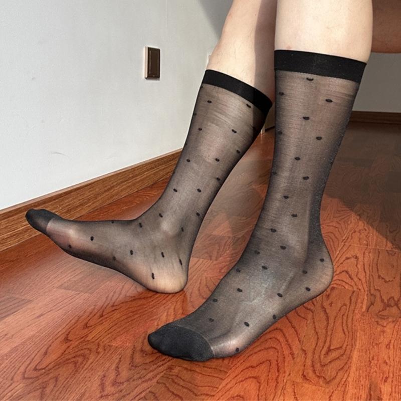 Men's Fashionable Sheer Over the Calf Long Socks Breathable See Through Dot Pattern Dress Suit Socks for Business Wear