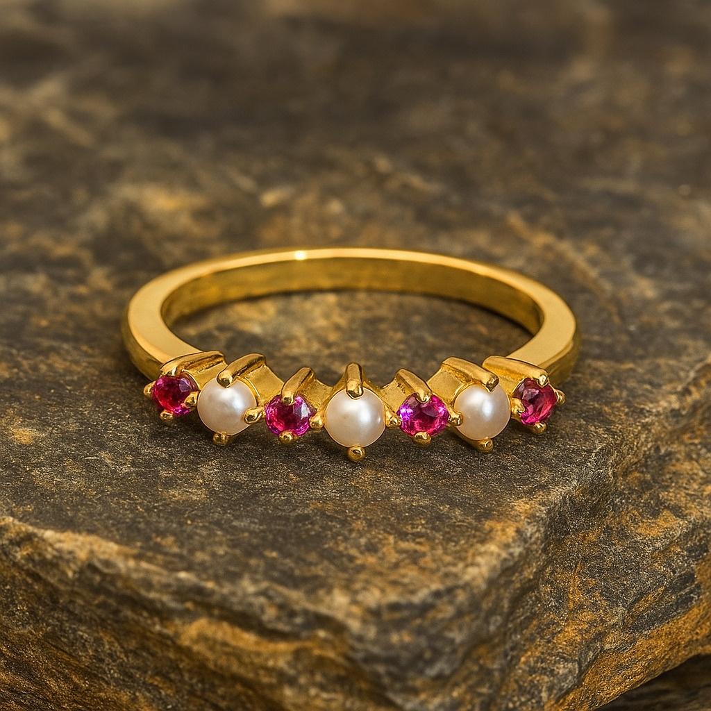 

Жемчужное рубиновое обручальное кольцо – Изящное кольцо-полувечность с покрытием из желтого золота, Кольцо для ношения в стопке в стиле ар-деко, Кольцо обещания с камнем рождения для нее 10 US розовый