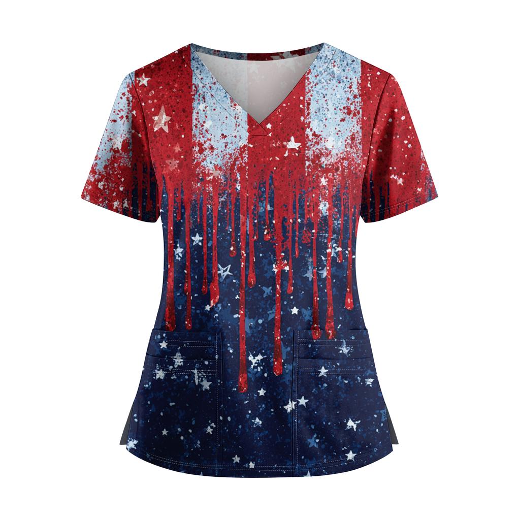 Women's Independence Day Print V-Neck Double Pocket Short Sleeve Uniform with Slit Hem - Caregiver Top
