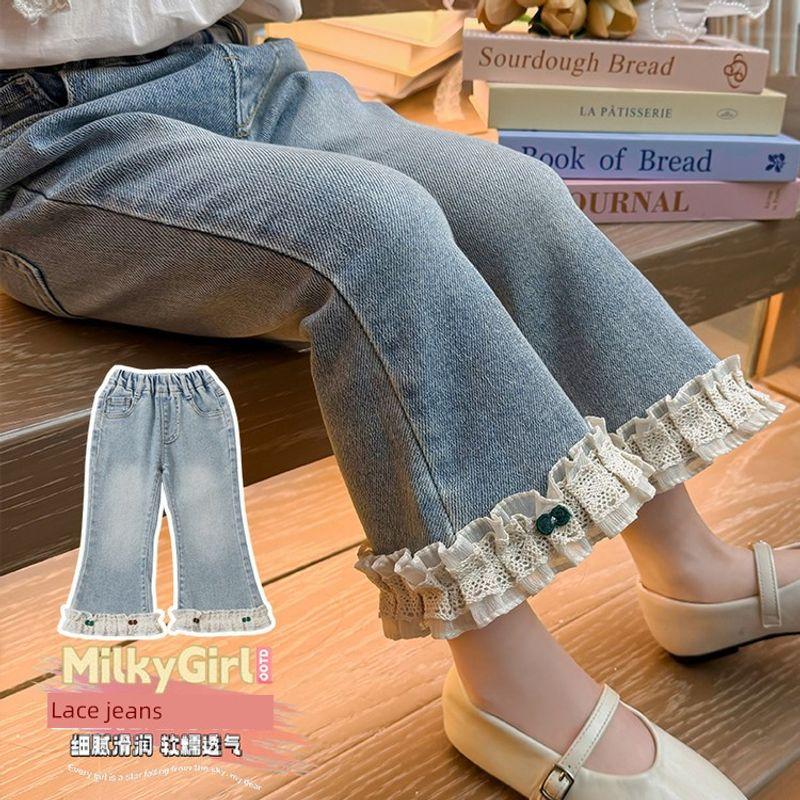 Girls' Lace Flared Pants 2025 Spring and Autumn New Stylish Children's Elastic Loose Versatile Baby Girl Bow Pants