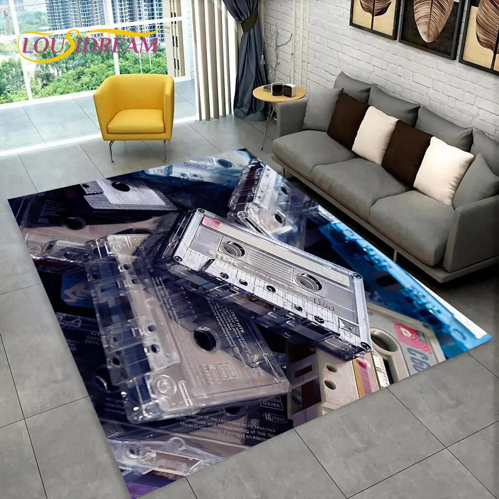 Alfombra de Área Grande con Patrón de Cinta de Cassette de Música Retro, Alfombra para Sala de Estar, Dormitorio, Sofá, Felpudo Decorativo, Felpudo Antideslizante