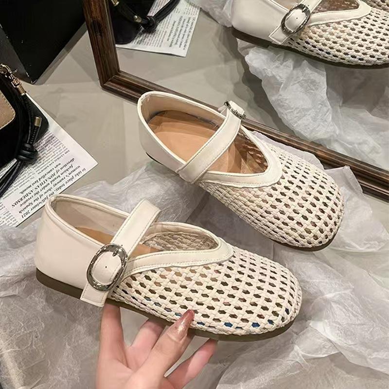 Tkané dámské boty Mary Jane jednoboty síťované duté boty 2025 léto nové s plochou podrážkou s měkkou podrážkou boty rybářská síť sandály